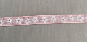 Textilband, rosa tunnt band med vita tryckta små blommor