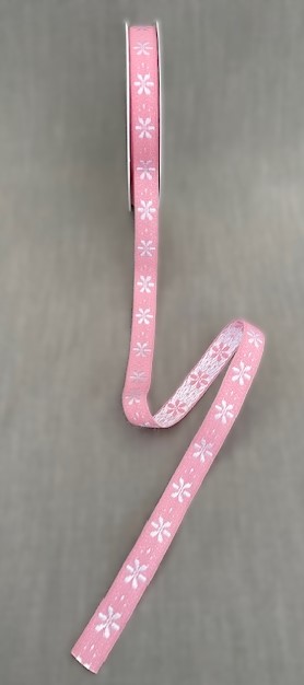 Textilband, rosa band med vita broderade små blommor