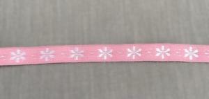 Textilband, rosa band med vita broderade små blommor
