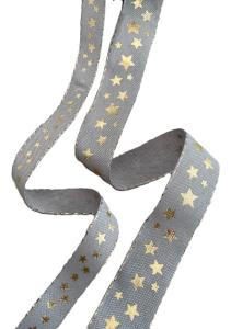 Textilband i två bredder med guldfärgade stjärnor på ljusgrå botten.