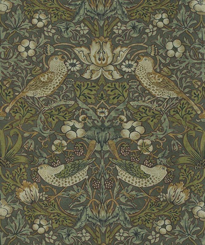 Metervara Vilja, William Morris inspirerat mönster Strawberry Thief, grön