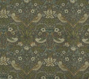 Metervara Vilja, William Morris inspirerat mönster Strawberry Thief, grön