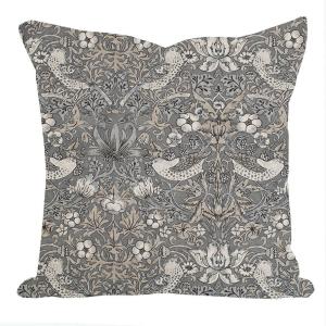 Kuddfodral Vilja, William Morris inspirerat mönster "Strawberry Thief", grå
