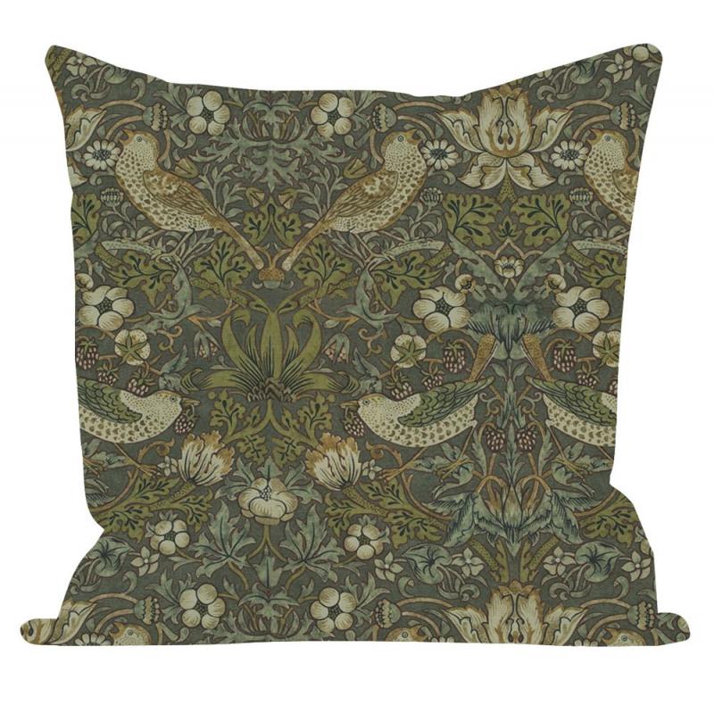 Kuddfodral Vilja, William Morris inspirerat mönster "Strawberry Thief", grön