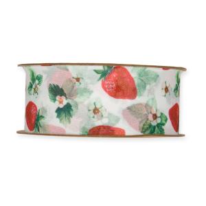 Textilband JORDGUBBE i chiffon med röda jordgubbar, bredd 40mm