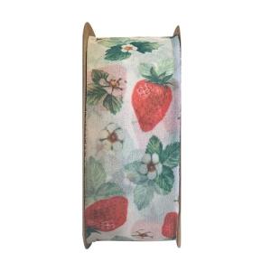 Textilband JORDGUBBE i chiffon med röda jordgubbar, bredd 40mm