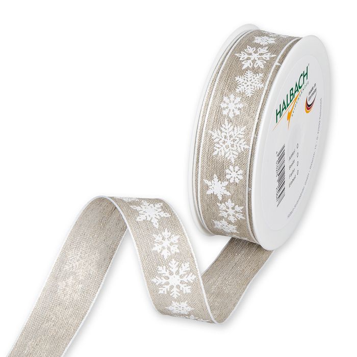 Textilband SNÖSTJÄRNA, tryckta vita snöflingor på linnefärgad botten, bredd 25 mm och 40 mm