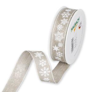 Textilband SNÖSTJÄRNA, tryckta vita snöflingor på linnefärgad botten, bredd 25 mm och 40 mm