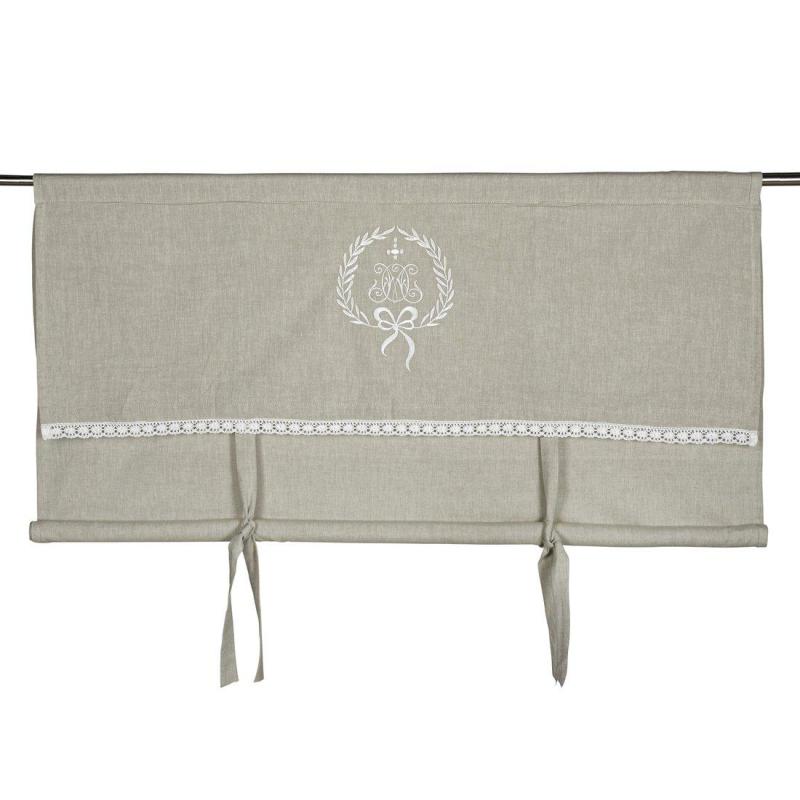 Hissgardin EMMY, broderat monogram och kappa med överhäng och spets, linnefärg