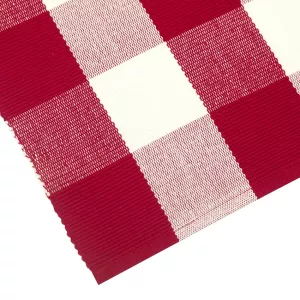 Löpare FREYA, vävd ribbad duk/bordslöpare med rutor, recycle. Mörkröd/beige