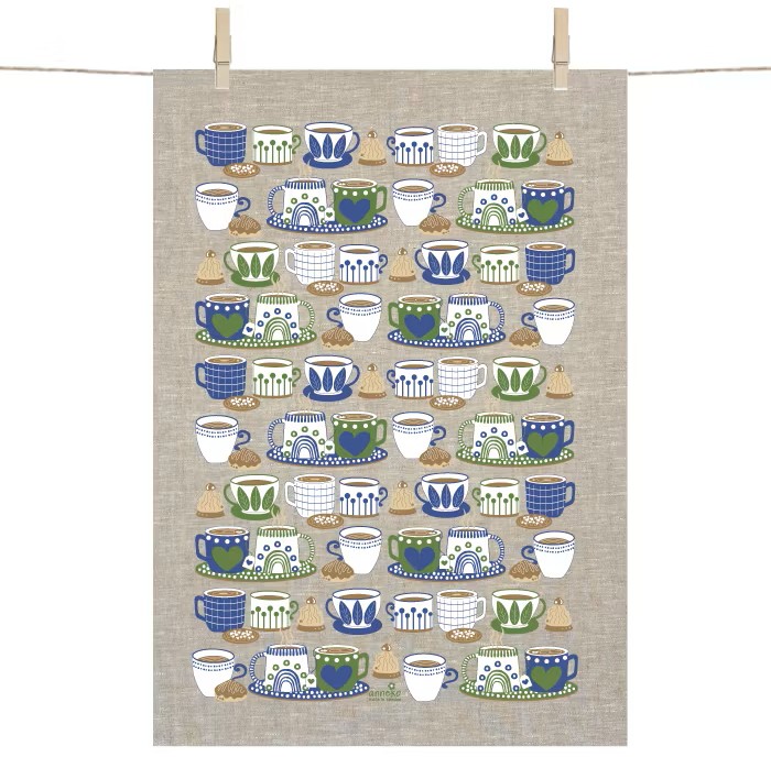 Kökshandduk BLUE FIKA i linne med kaffekoppar i blått, grönt och vitt