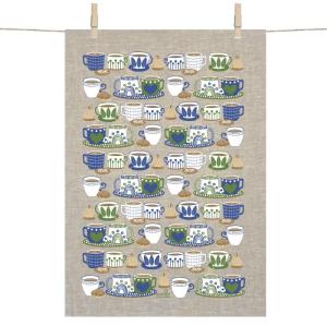 Kökshandduk BLUE FIKA i linne med kaffekoppar i blått, grönt och vitt
