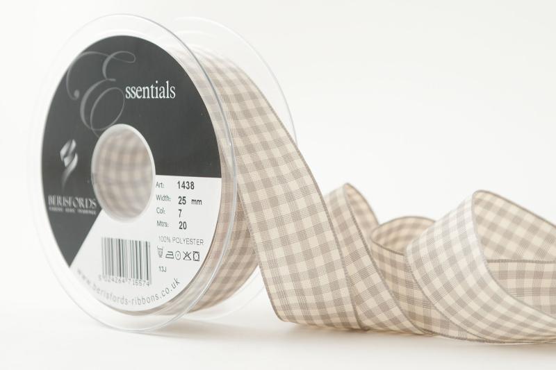Textilband RUTIGT GINGHAM, finns i tre olika bredder, grå/beige