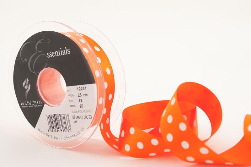 Textilband POLKA DOT, prickigt satinband i två olika bredder, orange