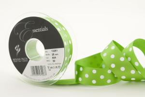 Textilband POLKA DOT, prickigt satinband i två olika bredder, äppelgrön