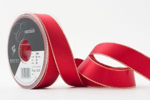 Textilband, GOLD, flera bredder, satinband med guldkant, röd