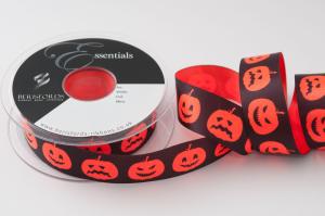 Textilband, PUMPKINS, Bredd 25mm, svart band med orange pumpor, orange baksida