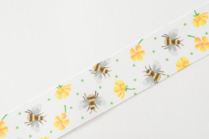 Textilband, BUSY BEE, bin och gula blommor, Bredd 15mm eller 25mm, gul