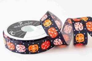 Textilband, PUMPKIN PATCH, Bredd 25mm, svart band med orange och rosa pumpor