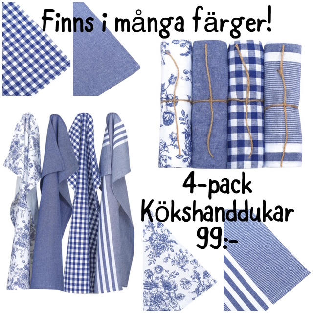 Kökshanddukar RECYCLE LINNEA, mix i 4-pack, blått och vitt
