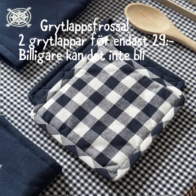 Grytlapp STURE, 2-pack, återvunnen bomull, rutig marinblå, vit och enfärgad marinblå
