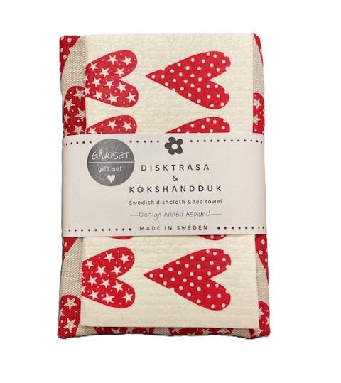 Gåvoset HJÄRTAN, Kökshandduk i linne och disktrasa med röda Hjärtan