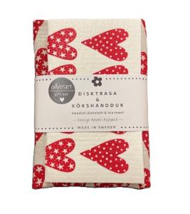 Gåvoset HJÄRTAN, Kökshandduk i linne och disktrasa med röda Hjärtan