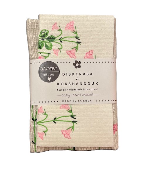 Gåvoset LINNEA, Kökshandduk i linne och disktrasa med söta blomman Linnea
