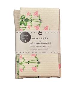 Gåvoset LINNEA, Kökshandduk i linne och disktrasa med söta blomman Linnea