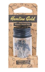 Knappnålar med svart plasthuvud i glasburk, 60 st,  Stl.0,58 mm x 38 mm