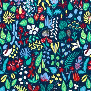 Tyg på metervara, mönster HERBARIUM av Stig Lindberg, blå botten