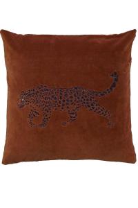 Kuddfodral i sammet med broderad jaguar, roströd