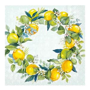Pappersservett CITRONKRANS med gula och gröna citroner, blad och citronblommor, svagt blågrön bottenfärg
