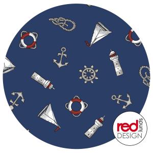 Rund Vaxduk MARITIM, med segelbåtar, knopar och fyrar, marint mönster, diameter 140cm, Blå