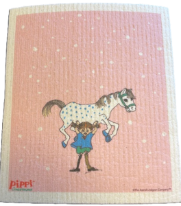 Disktrasa PIPPI MED VÄNNER, med tecknade motiv av Pippi Långstrump. Rosa bottenfärg