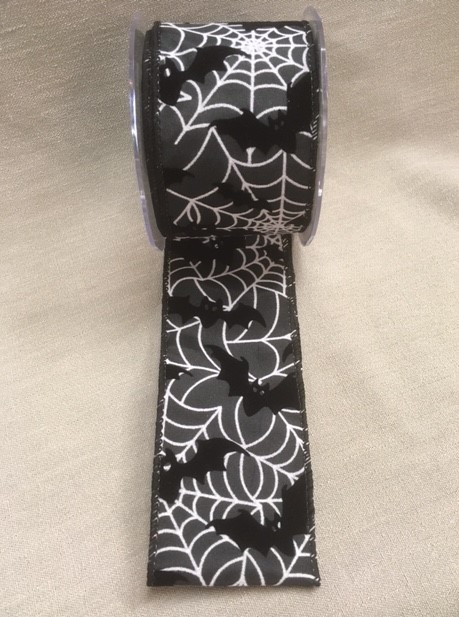 Textilband, SPINDELNÄT, Bredd 63mm, svart band med vitt spindelnät och fladdermöss i sammet