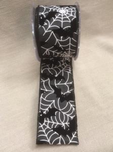 Textilband, SPINDELNÄT, Bredd 63mm, svart band med vitt spindelnät och fladdermöss i sammet