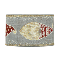 Textilband, ljusgrå med tomtar i röd luva, 63mm