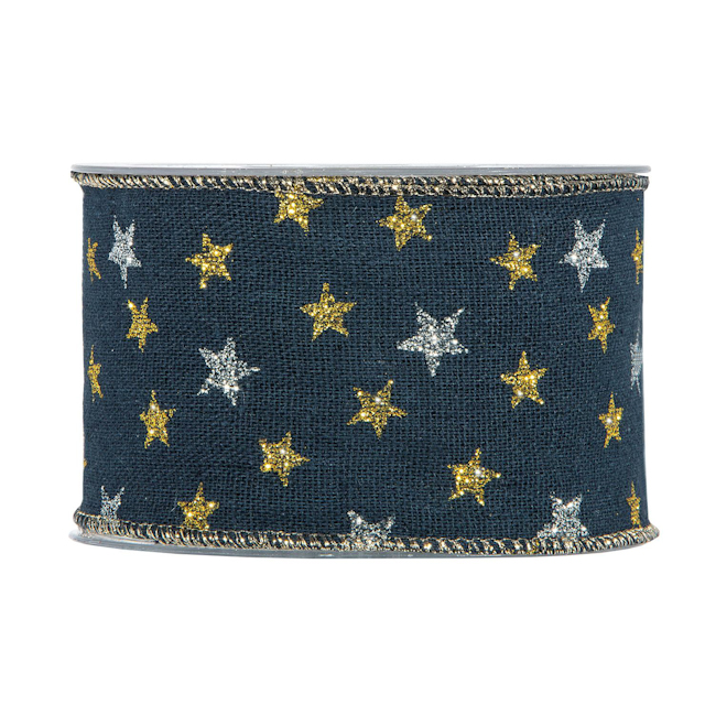 Textilband STJÄRNA med guld och silverstjärnor, 63mm, blå botten