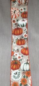 Textilband, HALLOWEEN, Bredd 63mm, linnefärgat band med pumpor i orange, grönt och vitt