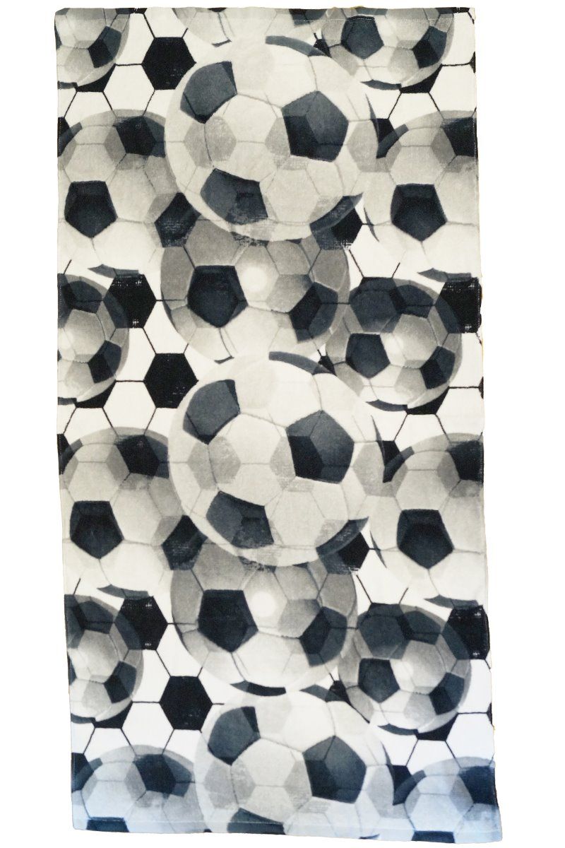 Frotté Soccer, fotbollar täcker denna fina handduk, svart/vit