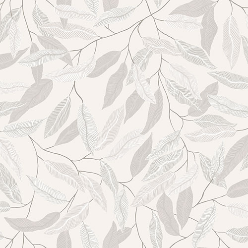 Tapet Florian, Skogsgläntan, slingrande grenar med gråa och beigea blad. Ljusgrå botten