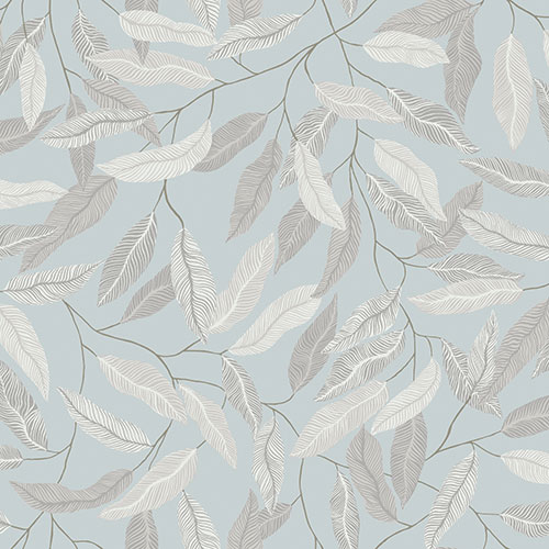 Tapet Florian, Skogsgläntan, slingrande grenar med gråa blad. Ljusblå botten