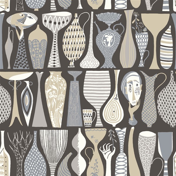 Tapet Pottery, Scandinavian Designers II, vaser och bägare, beige-grå-svart