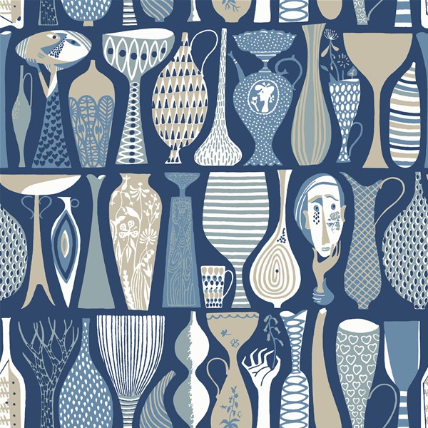 Tapet Pottery, Scandinavian Designers II, vaser och bägare, blå-beige