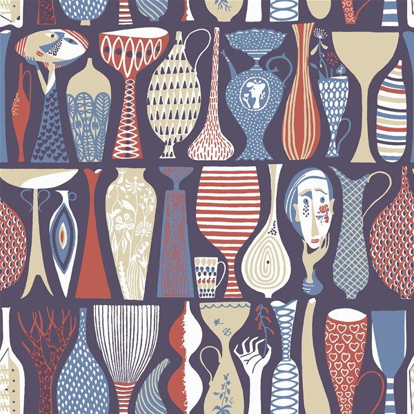 Tapet Pottery, Scandinavian Designers II, vaser och bägare, blå-röd-beige