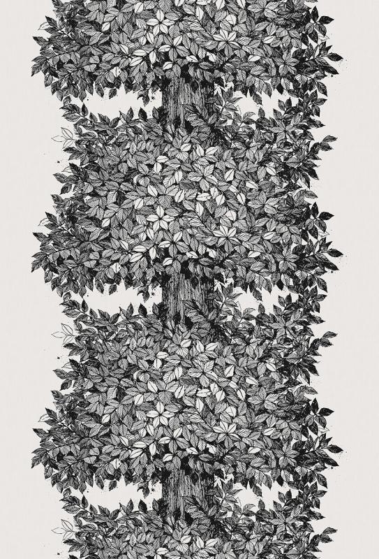 Fondtapet Hassel, Scandinavian Designers III, frodigt träd med svarta blad på antikvit botten