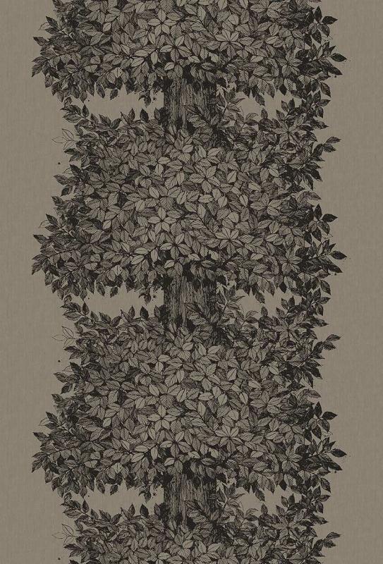 Fondtapet Hassel, Scandinavian Designers III, frodigt träd med svarta blad på brun botten