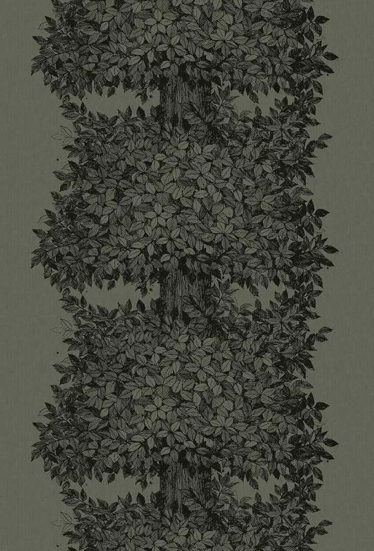Fondtapet Hassel, Scandinavian Designers III, frodigt träd med svarta blad på grön botten