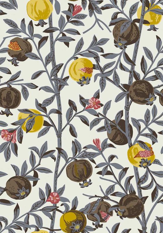 Tapet Granatäpple, Scandinavian Designers III, stora granatäpplen på slingrande blad i brunt, gult ,blå, rosa